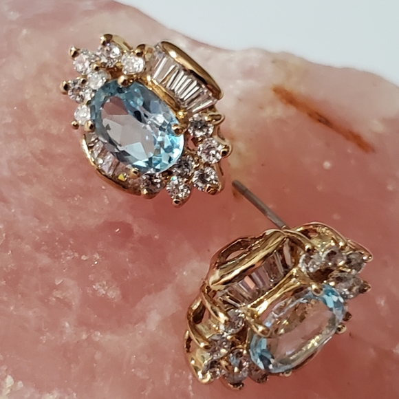Topaz earrings tourmaline baguettes oval ice blue Genuine natural pierced gold - Picture 12 of 16